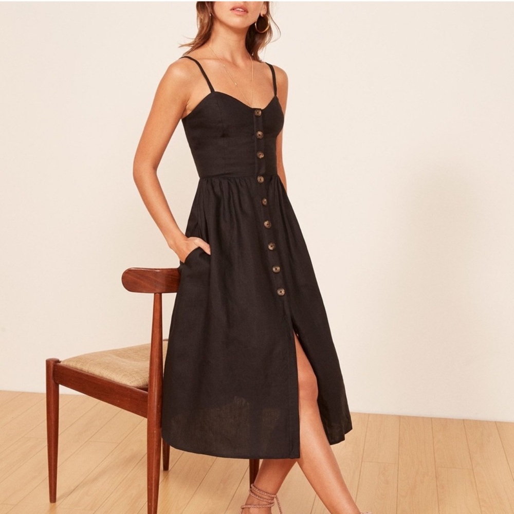 Reformation Thelma Linen Black Button Front Spaghetti Strap Midi Dress Size 6